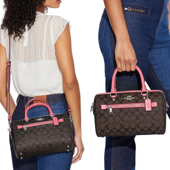 Coach Handbags - NEW Coach Rowan Medium Satchel Brown & Watermelon Signature Crossbody Handbag